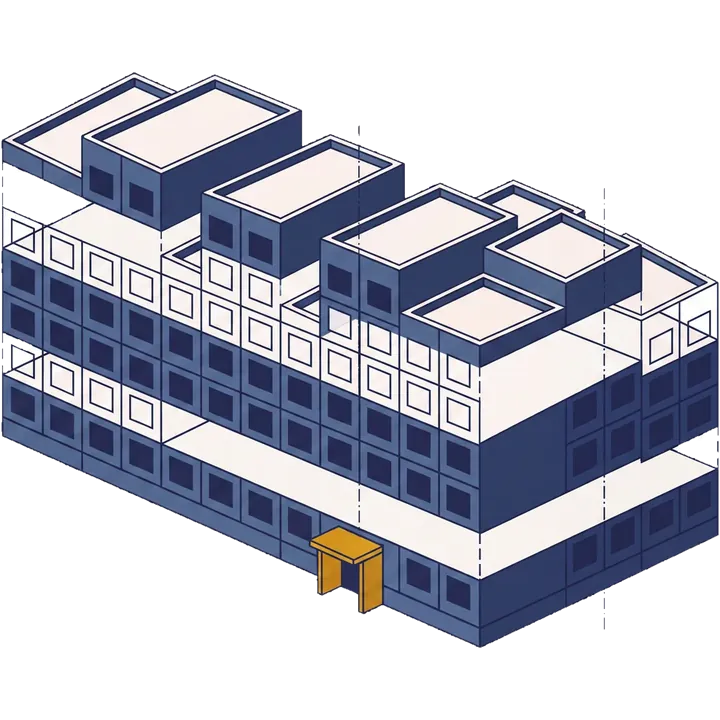 Exploded axonometric drawing of one building separated into ground floor, typical floors, facade layer and roof.