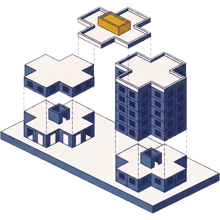 Exploded axonometric drawing of a cruciform tower separated into plinth, ground floor, typical floors and roof.