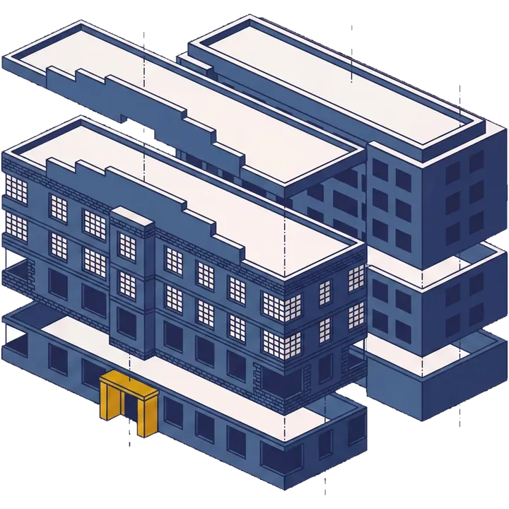 Exploded axonometric drawing of the 1930s block with its historic facade and the later overclad panels separated.