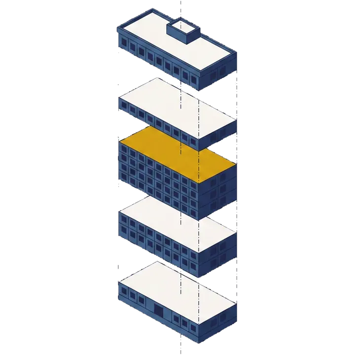 Exploded axonometric drawing of a residential slab separated into identical repeating floor plates.