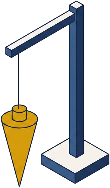 Isometric drawing of a plumb bob hanging at rest from a bracket arm on an upright post.