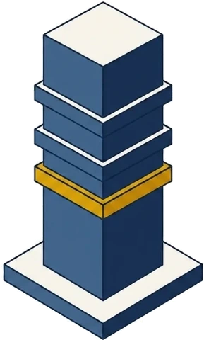 Isometric drawing of a marker post banded in three, the lowest band gold.