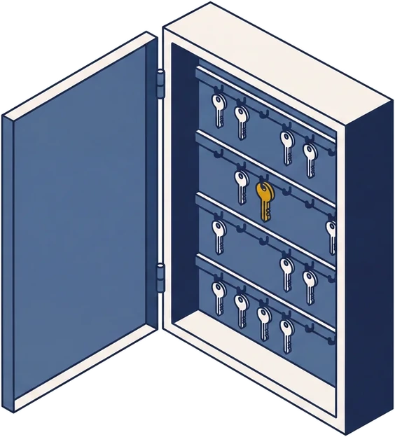 Isometric drawing of a wall-mounted key cabinet with its door open, keys hanging from rows of hooks.