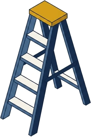 Isometric drawing of an open stepladder with a gold top cap.