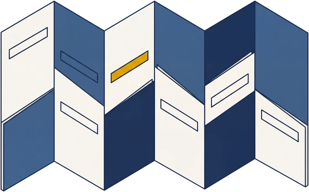 Isometric drawing of a concertina-folded schedule, partly opened, each panel carrying a horizontal bar.