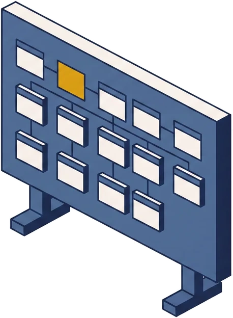 Isometric drawing of an upright planning board carrying a grid of pinned cards linked by connector lines.