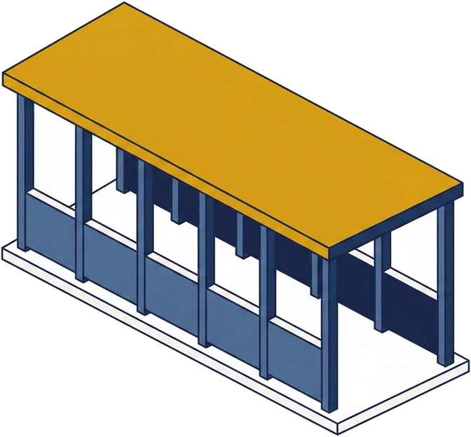 Isometric drawing of a covered protective walkway on slim posts, of the kind erected over a building entrance during construction.