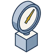 Isometric drawing of a round gauge on a base with a single gold needle.