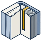 Isometric drawing of a ledger standing open on its spine with a gold ribbon marker.