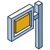Isometric drawing of a posted notice frame on a bracket arm, its card gold.