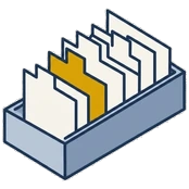 Isometric drawing of index-tab dividers in a tray, one pulled forward and gold.