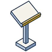 Isometric mark: a lectern with a blank board and a gold lip.