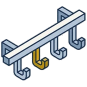 Isometric mark: a wall rail of four empty hooks, one of them gold.