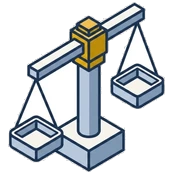 Isometric mark: a balance scale with two empty pans and a gold pivot.