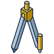 Isometric drawing of a pair of drafting dividers standing on their points.