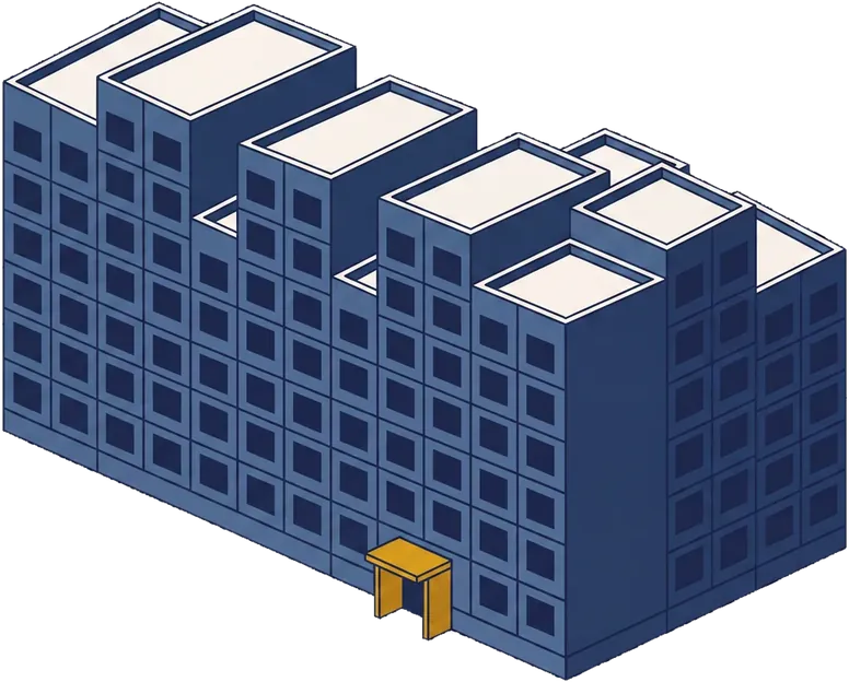Isometric drawing of nine narrow residential buildings in a row, stepping between five and eight storeys.