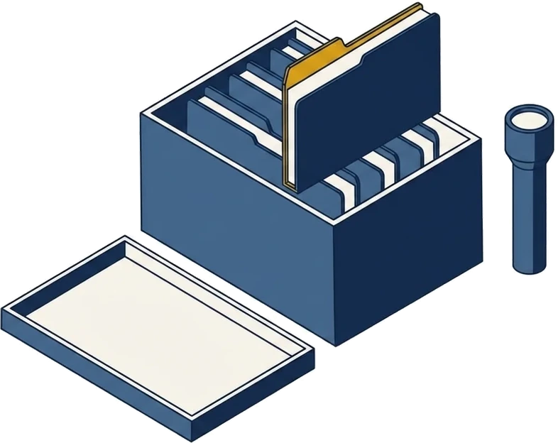 Isometric drawing of an open box file of folders with its lid set aside and a hand torch standing beside it.