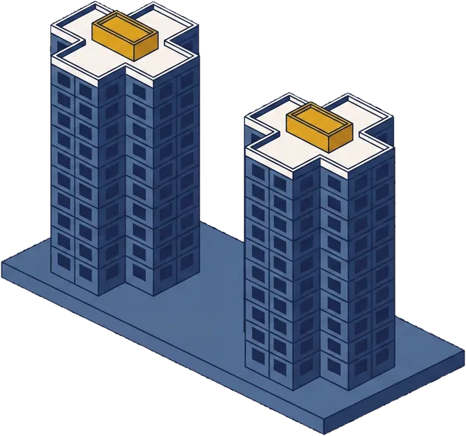 Isometric drawing of two identical twelve-storey cruciform residential towers on a shared plinth.