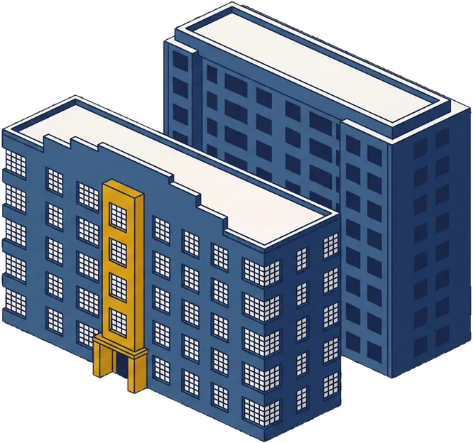 Isometric drawing of a 1930s residential block with a full-height entrance bay beside a plainer later block.