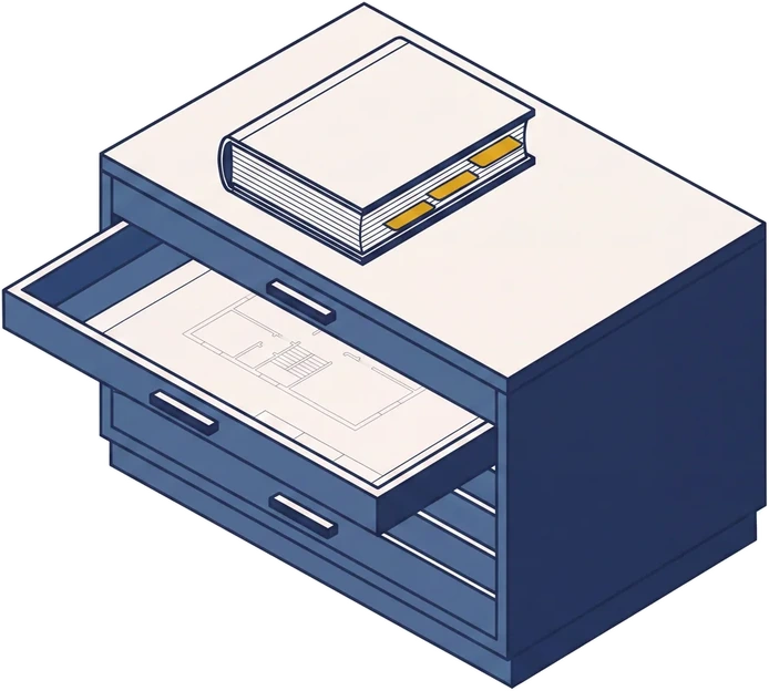 Isometric drawing of an architect's plan chest with one drawer open on a drawing sheet, and a bound register on top.