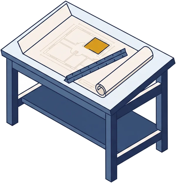 Isometric drawing of a drafting table with a drawing sheet laid open, a rolled set and a scale rule resting on it, and one detail marked.