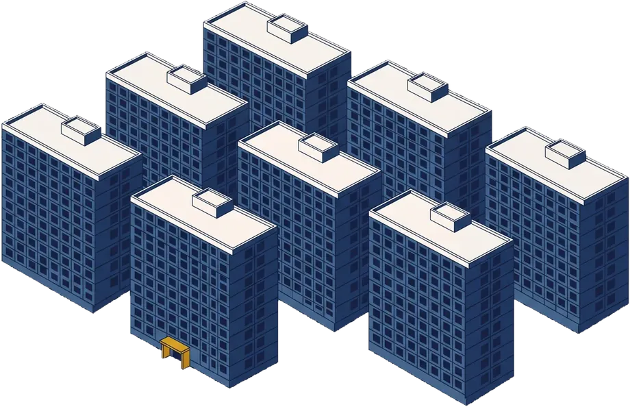 Isometric drawing of a campus of identical sixteen-storey residential slabs on a regular grid.