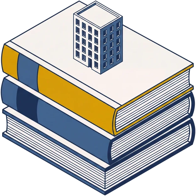 Isometric drawing of three stacked bound volumes with a small residential building standing on the top volume.