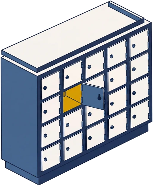 Isometric drawing of a bank of residential lobby mailboxes with one door standing open.