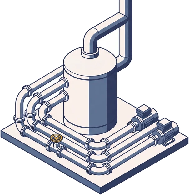 Isometric drawing of a building heating plant: a boiler with a flue, two circulator pumps and a header of pipework on a plinth.