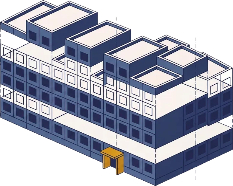 Isometric drawing of a residential building separated into its roof, facade, interior and site layers.