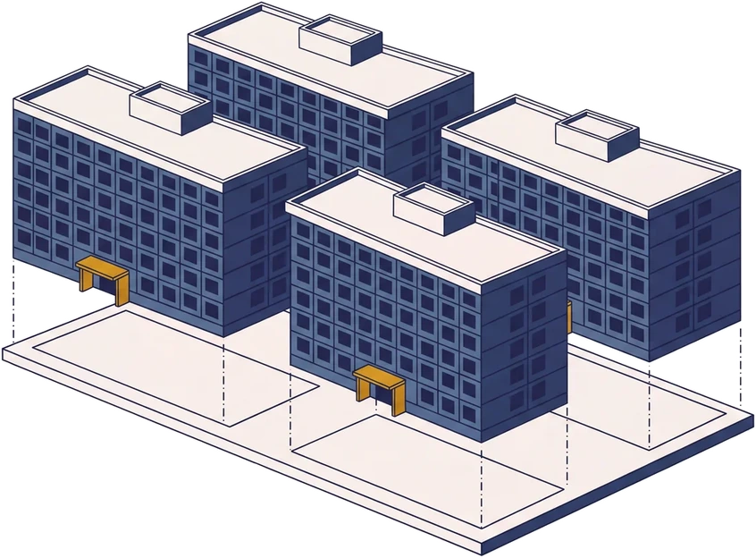 Isometric drawing of four residential developments lifted clear of a shared ground plate, with their four empty footprints marked on the plate below and alignment lines between.