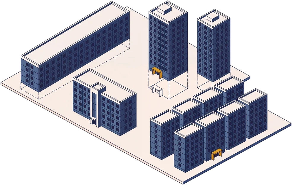 Isometric drawing of four residential developments on a shared ground plate — a long low block, a pair of slim towers, a mid-rise with a full-height entrance bay and a cluster of repeating slabs — with dashed setting-out outlines marking each footprint.