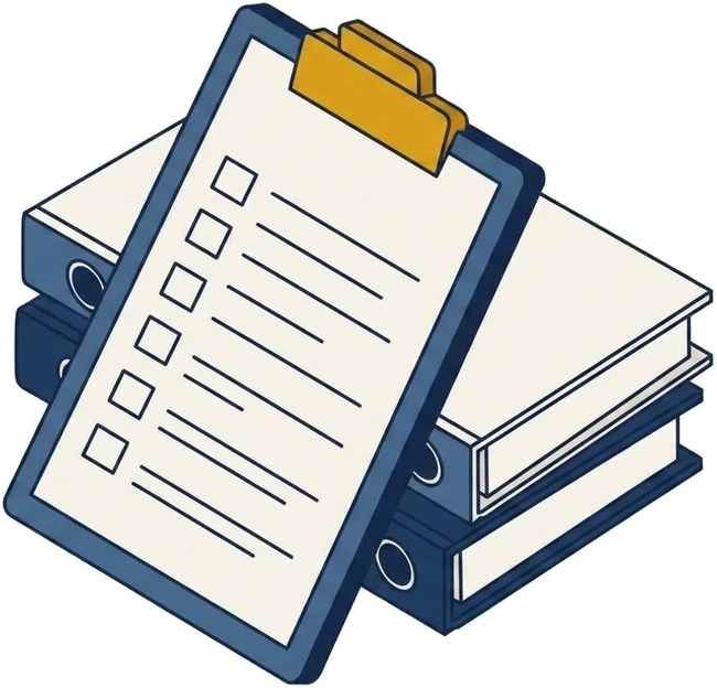 Isometric drawing of an inspection clipboard of empty tick boxes leaning against two ring binders.