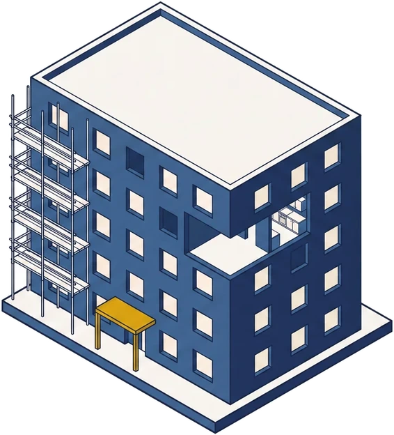 Isometric drawing of an occupied residential building with scaffolding up one elevation and one apartment cut away mid-renovation.