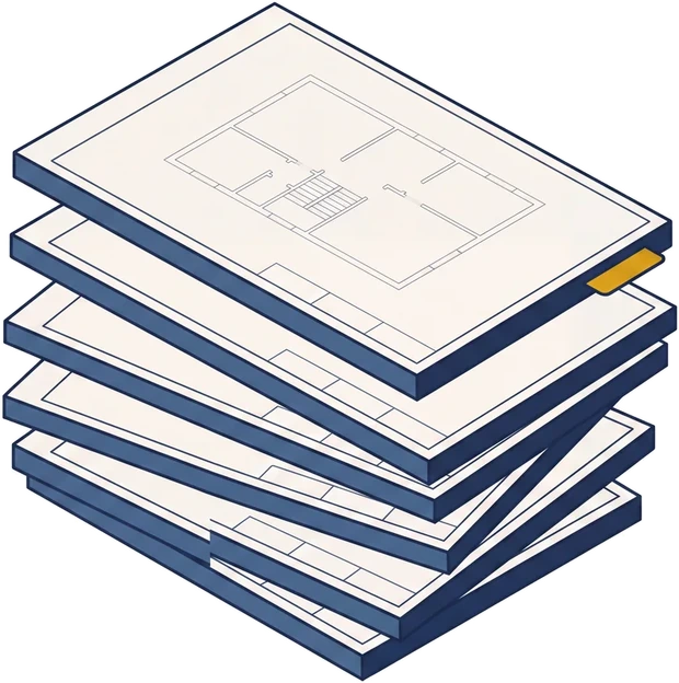 Isometric drawing of a set of six drawing sheets fanned apart, the top sheet lifted clear and carrying a floor plan.